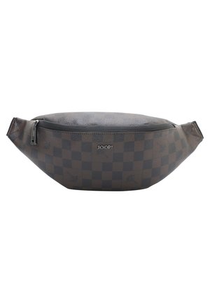 Brown checkered fanny pack made of textured synthetic material, featuring a zippered closure and logo detail on the front.