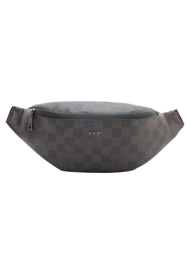 Brown checkered fanny pack made of textured synthetic material, featuring a zippered closure and logo detail on the front.