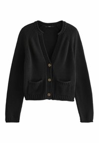 Sort strikket cardigan med V-udskæring, knaplukning, ribbede manchetter og to forlommer. Glat tekstur og afslappet pasform.