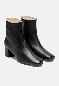 Bottes noires en cuir jusqu'aux chevilles avec un bout carré, fermeture éclair sur le côté et un talon bloc. La texture est lisse avec un léger éclat.