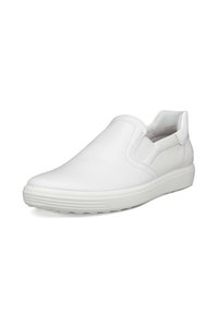 Vita slip-on skor med en slät, texturerad yta, elastiska sidopaneler och en lätt dämpad sula. Minimalistisk design utan mönster.