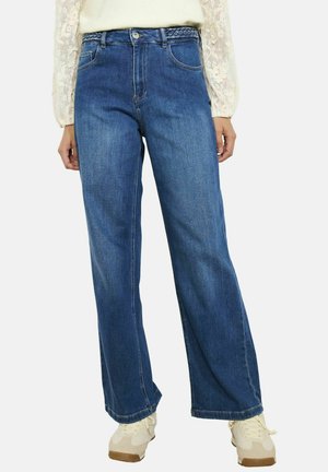 Wijduitlopende blauwe spijkerbroeken van denim met een lichte vervaging, voorzien van een knoopsluiting, vijf zakken en een geweven detail bij de tailleband.