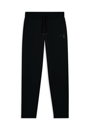 Pantaloni da tuta neri a sigaretta realizzati in tessuto morbido, con vita regolabile tramite coulisse e tasche laterali. Dettaglio del logo stampato su una gamba.
