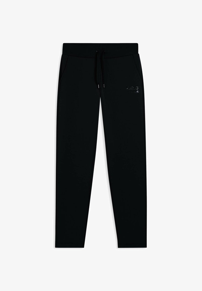 Pantalones de chándal negros ajustados, fabricados en un tejido suave, con una cinturilla ajustable y bolsillos laterales. Detalle sutil del logo impreso en una pierna.