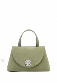 Borsa a tracolla verde in suede con chiusura a flap arrotondato, hardware in argento e manico corto. Texture liscia e design minimalista.