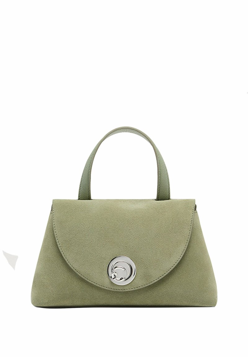 Borsa a tracolla verde in suede con chiusura a flap arrotondato, hardware in argento e manico corto. Texture liscia e design minimalista.