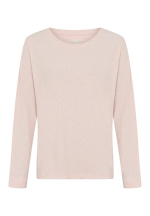 Svetloružové dlhé tričko s okrúhlym výstrihom a voľným strihom, jemnou textúrou a jednoduchým, minimalistickým dizajnom.