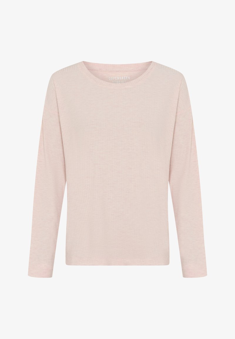 Šviesiai rožinė, ilgomis rankovėmis, apvalia iškirpte palaidinė laisvo kirpimo, subtilaus tekstūros ir paprasto, minimalistinio dizaino.