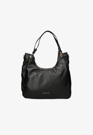 Sac à main en cuir noir avec une finition texturée, ouverture sur le dessus, doubles sangles et accents en matériel doré. Prend en avant le nom de la marque "pierre cardin".