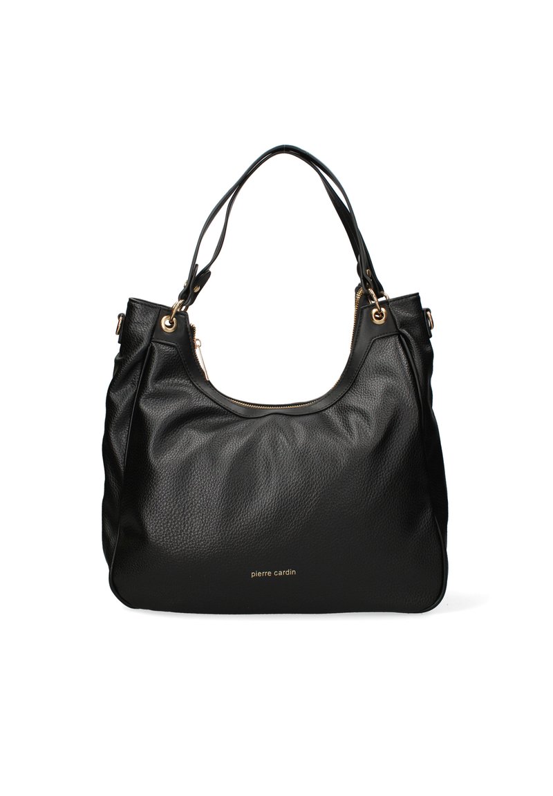 Borsa a mano in pelle nera con finitura testurizzata, apertura superiore, doppi manici e dettagli in metallo dorato. Presenta il nome del marchio "pierre cardin" sulla parte anteriore.