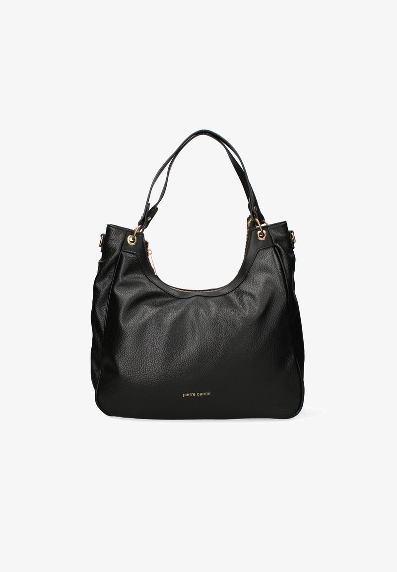 Borsa a mano in pelle nera con finitura testurizzata, apertura superiore, doppi manici e dettagli in metallo dorato. Presenta il nome del marchio "pierre cardin" sulla parte anteriore.