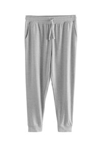 Pantaloni jogger grigi in cotone con vita elastica e coulisse, dotati di due tasche laterali e polsini a costine alle caviglie.