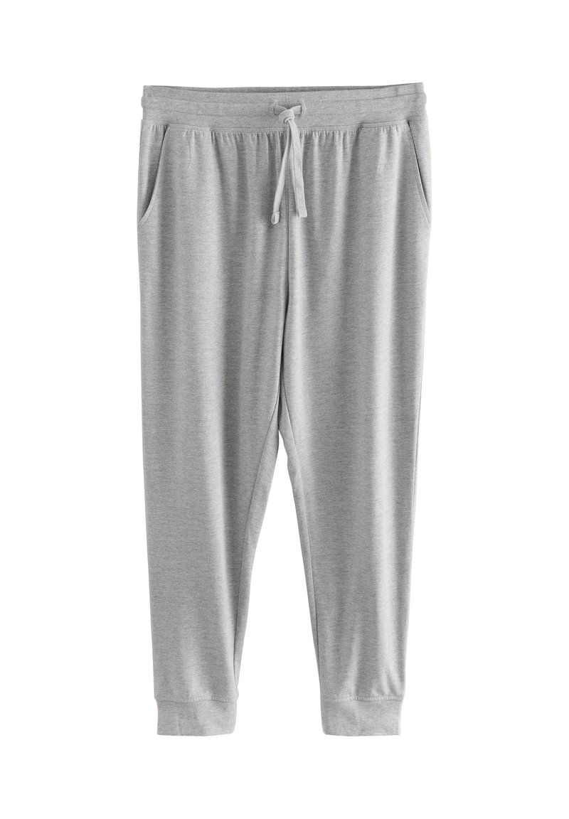 Pantaloni jogger grigi in cotone con vita elastica e coulisse, dotati di due tasche laterali e polsini a costine alle caviglie.
