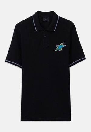 Black short-sleeve polo shirt with blue and white striped trim on collar and sleeves, featuring a blue and green star patch on the chest.
