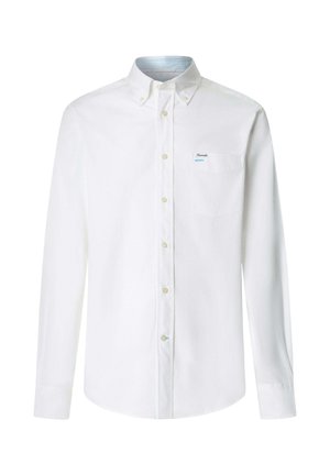 Camicia bianca a maniche lunghe con bottoni, taschino sul petto e colletto con bottoni, con testo sottile nella zona della tasca.