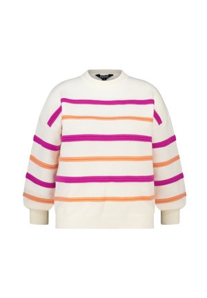 Pull crème avec des rayures horizontales violettes, orange et roses. Il présente un col rond, des épaules tombantes et des poignets côtelés. Texture douce.