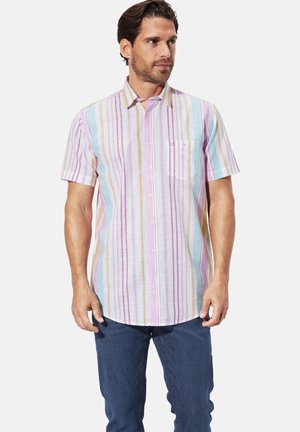 Short-sleeve shirt featuring vertical multicolored stripes in pastel shades. Material appears light and breathable with a chest pocket.