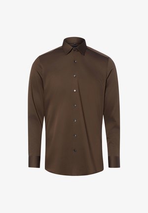 Camicia da uomo marrone a maniche lunghe con colletto appuntito e bottoni neri sulla parte anteriore, mostrata su uno sfondo bianco.