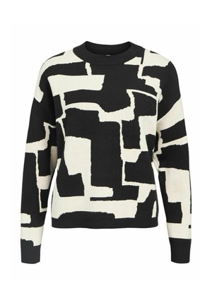 Pull noir et crème à motifs, avec col rond, manches longues et une finition texturée agrémentée de formes abstraites.