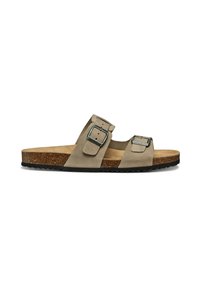 Sandalo a scivolo in suede grigio con due cinturini regolabili con fibbie argentate, soletta in sughero e suola in gomma texturizzata nera.