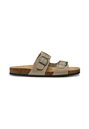 Sandalo a scivolo in suede grigio con due cinturini regolabili con fibbie argentate, soletta in sughero e suola in gomma texturizzata nera.