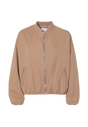 Beige Bomberjacke mit Reißverschluss, geripptem Kragen und elastischem Saum. Mit seitlichen Taschen und langen, gerafften Ärmeln.