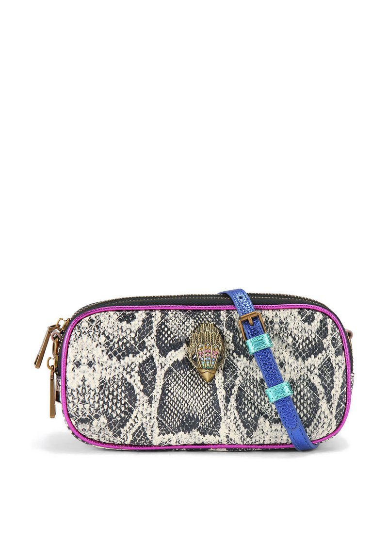 Pouch met slangenhuidpatroon, voorzien van een metalen sluiting en een kleurrijke band. Bevat contrasterende paarse en blauwe accenten, ritsluiting en rechthoekige vorm.