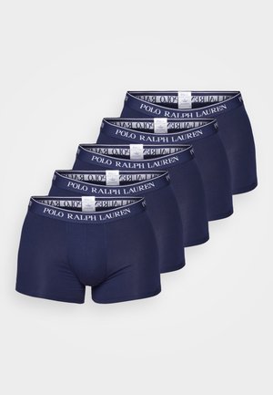 Navy blue boxer briefs in a pack of five, made from smooth fabric, featuring a white logo waistband and a fitted design.