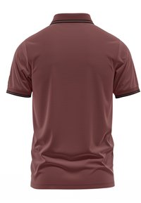 Weinrotes Polo-Shirt mit Kragen und kurzen Ärmeln sowie schwarzen Streifenakzenten. Glatte Textur, normale Passform und keine sichtbaren Logos.