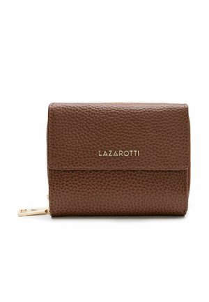Brown leather wallet with a textured surface, gold hardware accent, and a front logo. Features a zip closure and compact rectangular shape.