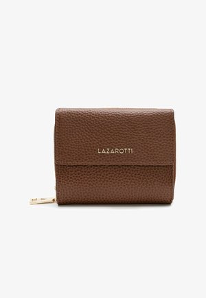 Brown leather wallet with a textured surface, gold hardware accent, and a front logo. Features a zip closure and compact rectangular shape.