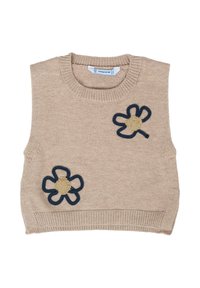 Beżowy dziany sweter bez rękawów z okrągłym dekoltem, z dwoma kwiatowymi aplikacjami w granatowej i złotej włóczce z przodu.
