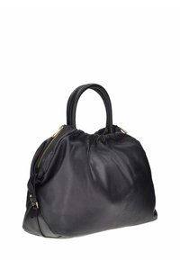 Borsa a tracolla in pelle nera con un design morbido, dettagli in zip dorate, due manici arrotondati e una superficie morbida e testurizzata.