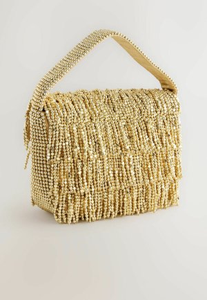 Golden bag with a textured surface made up of small beads. Features a sturdy top handle and a rectangular shape with a flap closure.