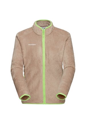 Beige fleece jack met een textuur oppervlak, voorzien van een volledige voorkant rits met groene accenten en een staande kraag. Mammut-logo weergegeven.