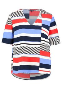 Korte mouw, V-hals top met multikleurige strepen in rood, blauw, wit en zwart. Heeft verschillende breedtes en diagonale patronen. Zachte stof.