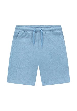 Lichtblauwe shorts van gestructureerd materiaal. Voorzien van een elastische tailleband met trekkoord en zijzakken. Casual ontwerp tot aan de knie.