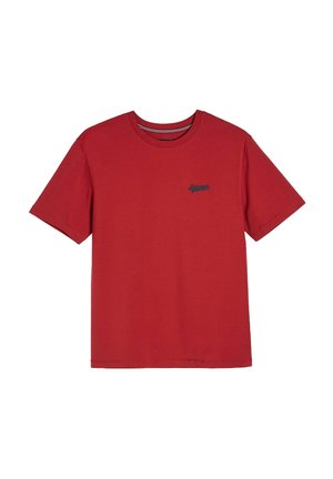 Czerwony bawełniany t-shirt z krótkim rękawem, z okrągłym dekoltem i małym czarnym haftowanym logo na lewej piersi. Gładka, lekka tekstura.