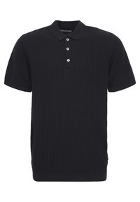 Mørkeblå strikket polo med strukturert ribbestrikk, korte ermer og tre-knappers plissé. Minimalistisk design og kragedetalj.