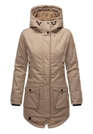 Parka beige con chiusura a zip e bottoni, grandi tasche frontali, cappuccio regolabile e un morbido rivestimento interno per il calore.