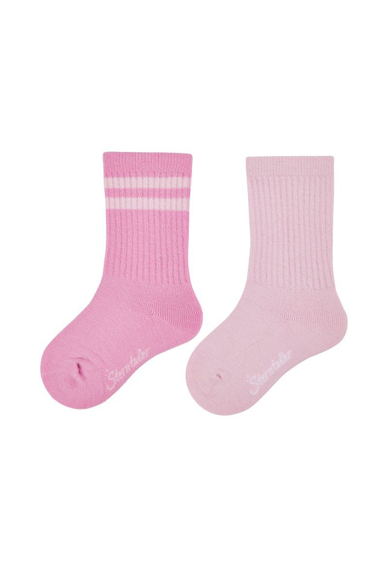 Pair of knee-high socks in varying shades of pink. One has white stripes; the other is solid pink with ribbed texture and logo.