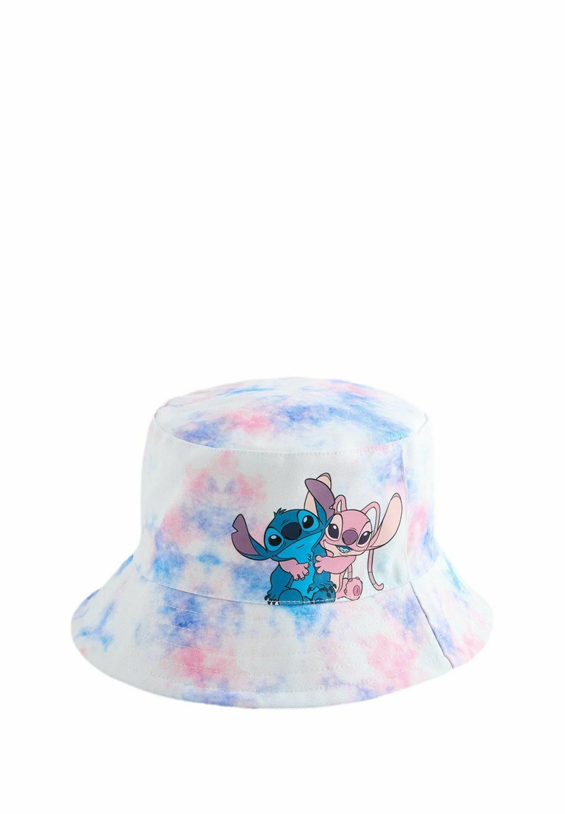 Chapeau de soleil en tissu doux, présentant un motif tie-dye pastel en bleu et rose, avec un design brodé de deux personnages de dessin animé.