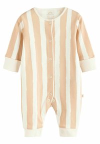 Striped baby onesie in peach and cream colors, made from soft fabric. Features long sleeves, snap closures, and ribbed cuffs.