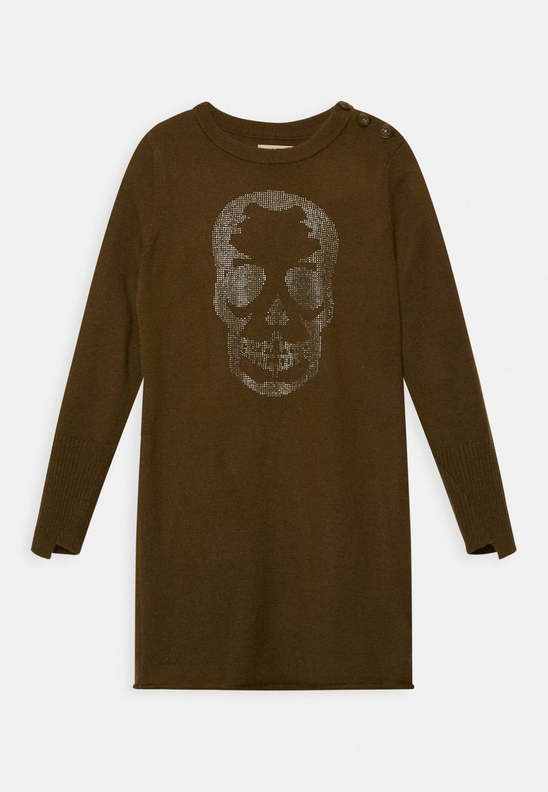 Robe-pull à manches longues brun foncé avec un motif de crâne en pointillés sur le devant et des boutons sur l'épaule gauche.