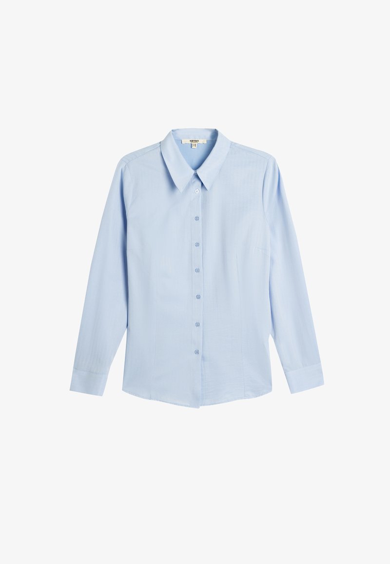 Light blue, long-sleeve button-up shirt with a collar, straight cut, and subtle texture. Features a front placket and single chest pocket.