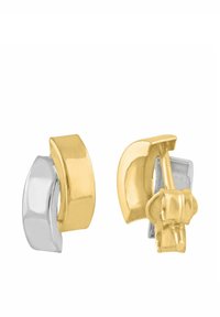 Øreringe i guld- og sølvmateriale med et buet, moderne design med teksturerede og polerede overflader. Bemærkelsesværdige detaljer på bagsiden.