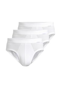 Tre paia di boxer bianchi da uomo in cotone impilati, mostrando la fascia in vita anteriore e le cuciture contornate.