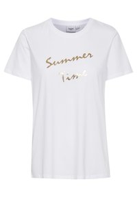 Bílá bavlněná tričko s krátkým rukávem a kulatým výstřihem. Na přední straně je nápis "Summer Time" v kovově zlaté barvě.