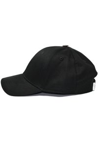 Black cotton baseball cap with a curved brim, stitched detailing, adjustable strap, and a top button accent. Smooth texture, no patterns.