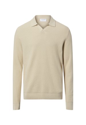 Polo en maille texturée beige à manches longues avec poignets et ourlet côtelés, col classique et ouverture en V.